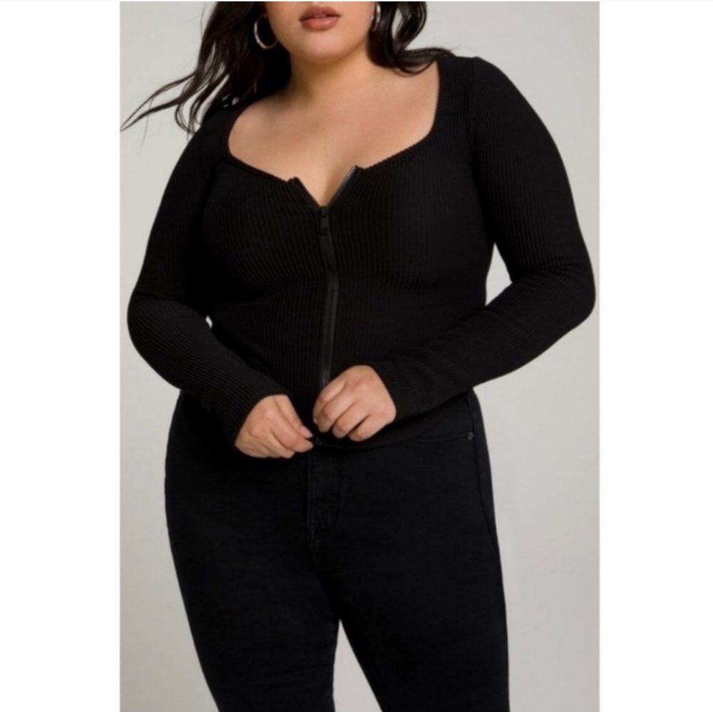Good American Dramatic Zip Up Tee Ribbed Long Sleeve Shirt Women's XXL